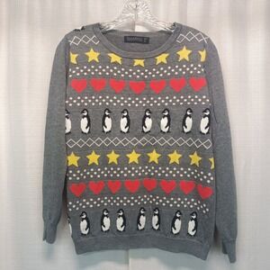 Sugarhill Boutique Penguin Heart Star Intarsia Sweater Gray US 10 UK 14